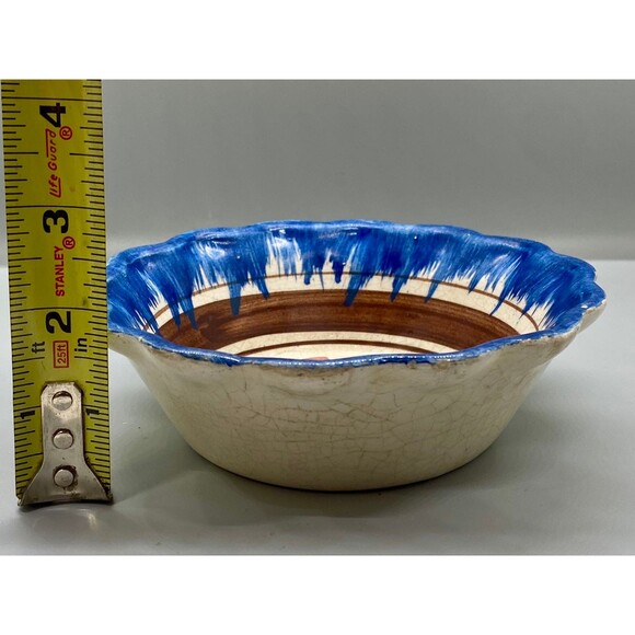 Vintage 6" Oaxacan Drip Ware Fluted Bowl Blue Brown Stripe Flower Hand-Painted - Picture 6 of 7